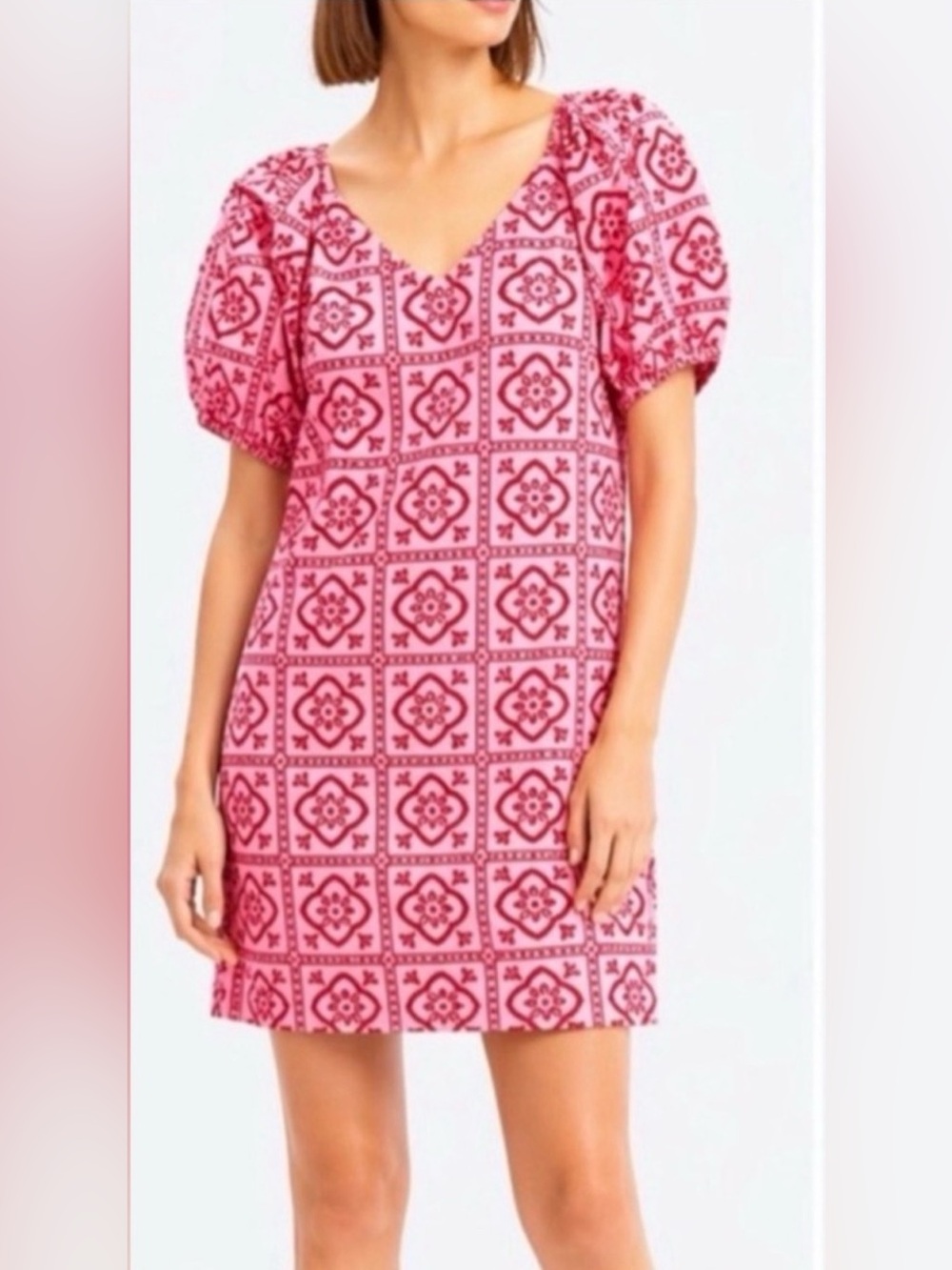Loft Tiled Eyelet Mini Shift Dress Pink Multi